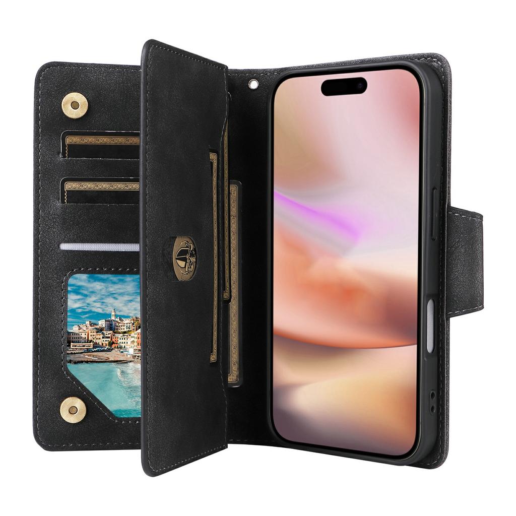 For iPhone 17 Case Zipper Wallet Rivet Decor Leather Phone Cover with Wrist Strap