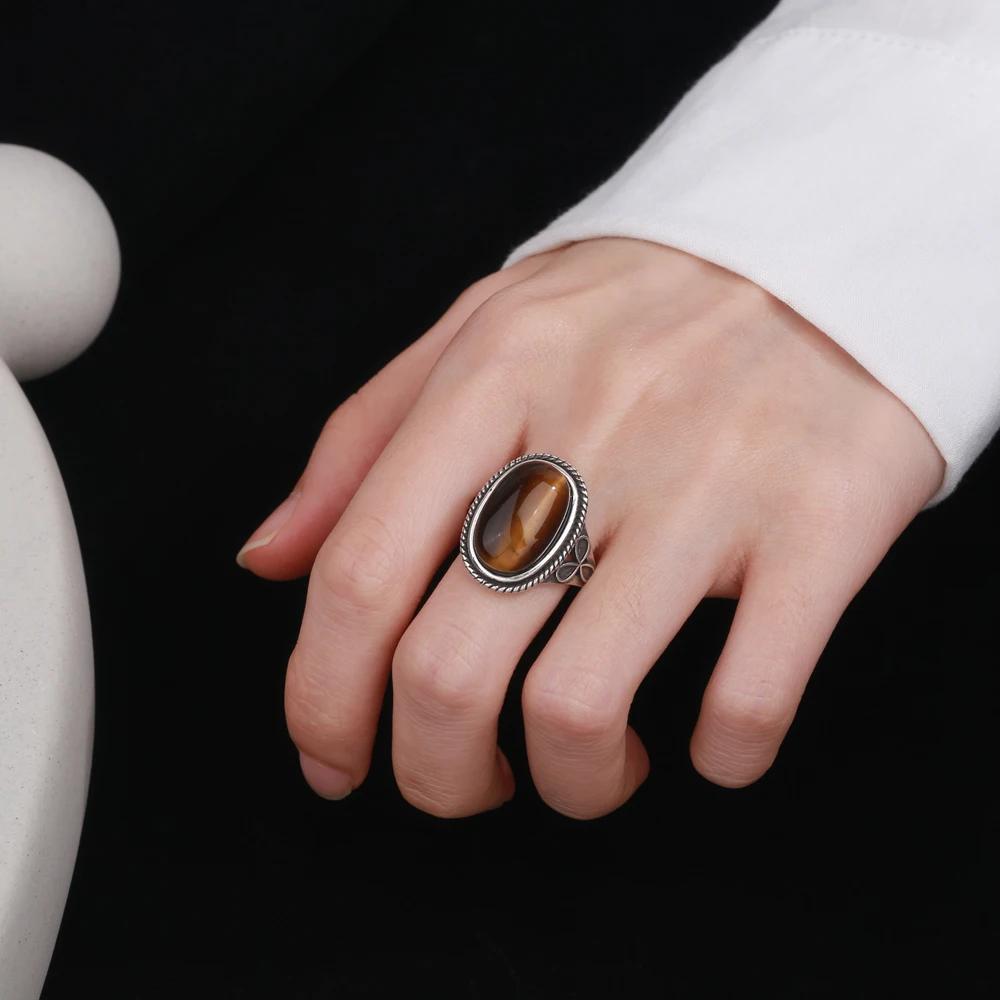 S925 Sterling Silver Retro Natural Labradorite Flower Rings Jewelry Silver Large Tiger Eye Engagement Wedding Gift for Women