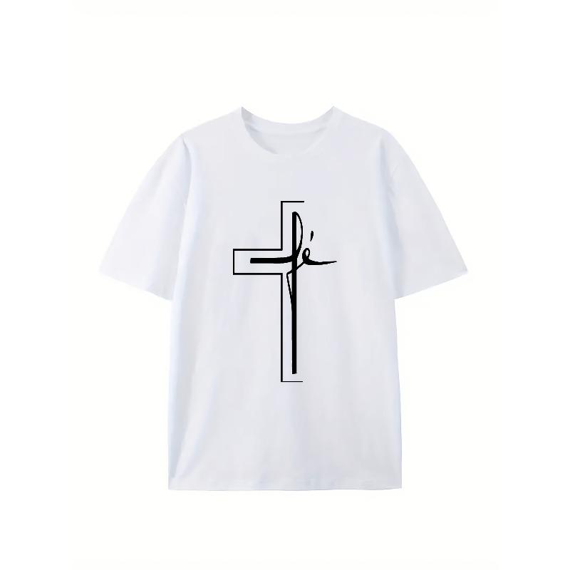 European sizes Men'S Summer Casual Sports T-Shirt with Religious Cross Print, Polyester 100%, Crew Neck, Short Sleeve, Geometric Pattern