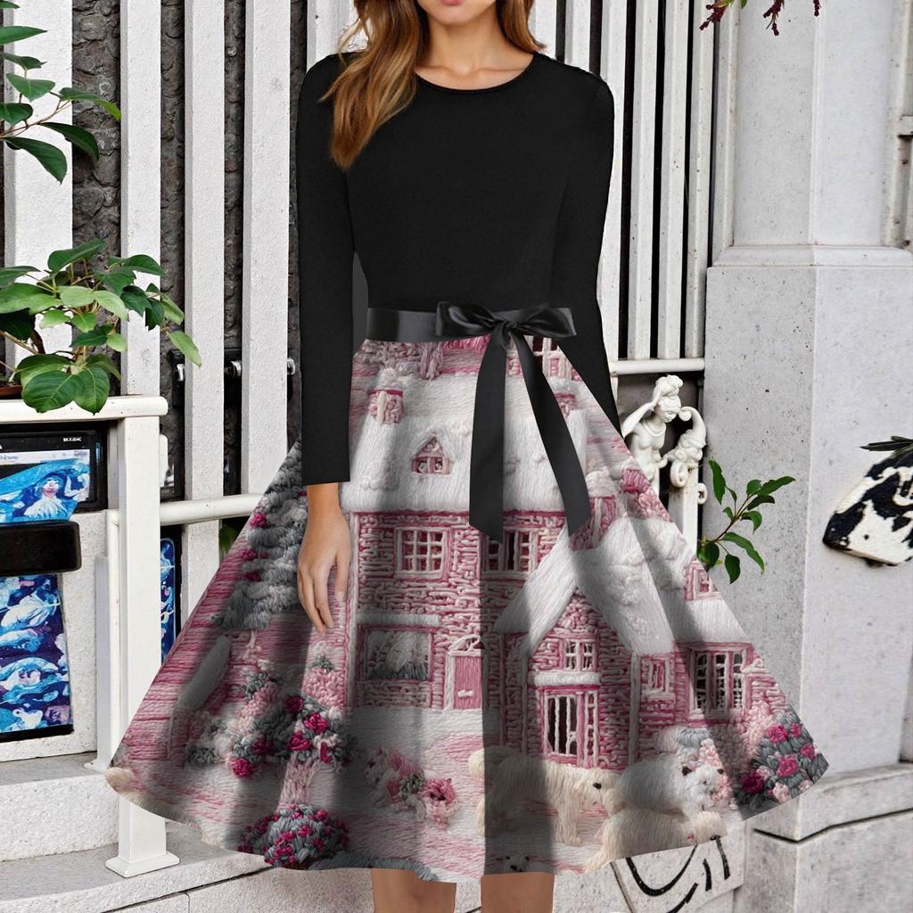Women's Fashion Round Neck Slim-Fit Christmas Print Long-Sleeved Dress