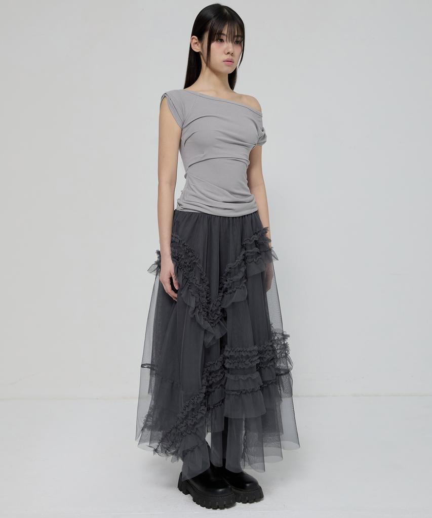 Peulleeoeob Tulle Layered Long Skirts (Fl-266_Charcoal)