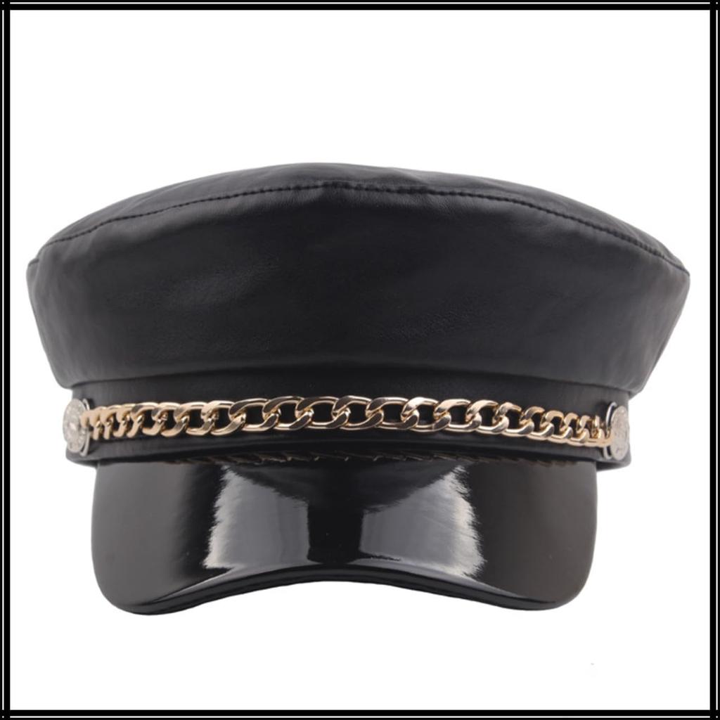 Marine Cap Leather Black Casquette Stylish Hat for Travel Women and Men CZ196 [White Fang] (Black)