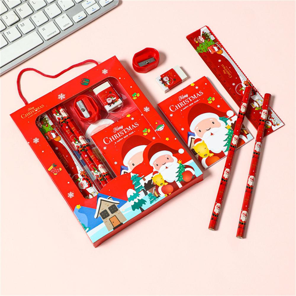 6pcs Christmas Stationery Set Kids Cartoon Pencils Eraser Ruler Memo Pads Pencil Knife Set School Supplies Back To School Gift