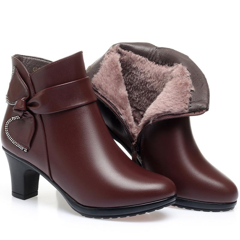 Women High Heels Soft Leather Ankle Boots Autumn Winter Plush Snow Boots Brand Fashion Point Toe Middle Heel Mom Cotton Shoes