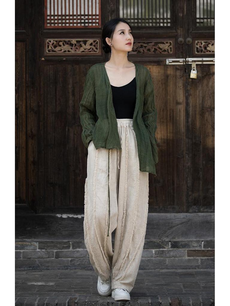 Women's Spring & Summer Ramie Flannel Pants - National Style, Improved Chinese Straight Cut with Drawstring.