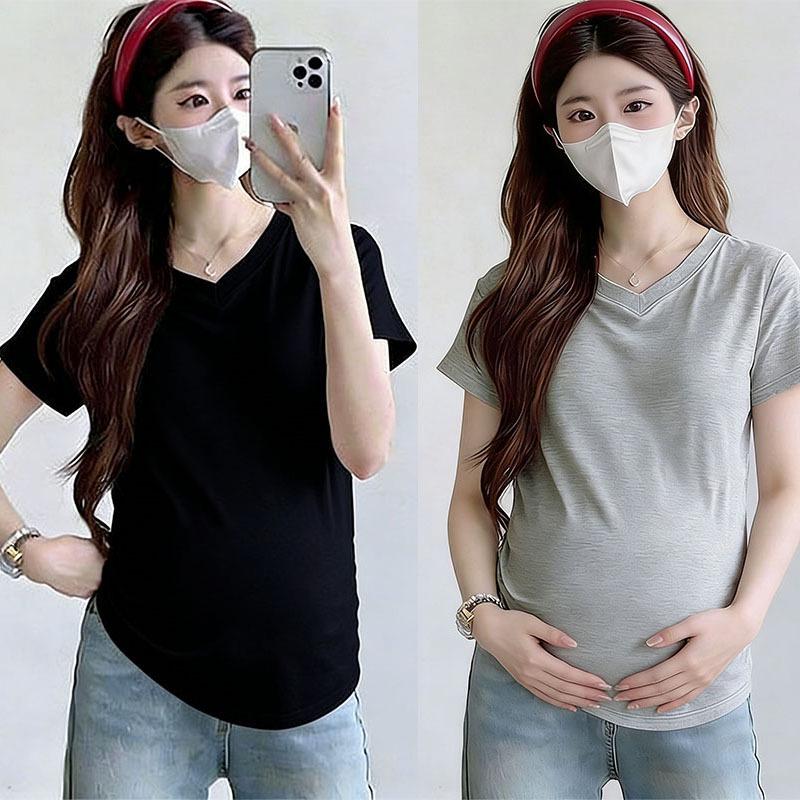 Maternity V-Neck Short Sleeve Pleated T-Shirt - Loose Fit, Belly-Covering, Solid Color, Summer Style