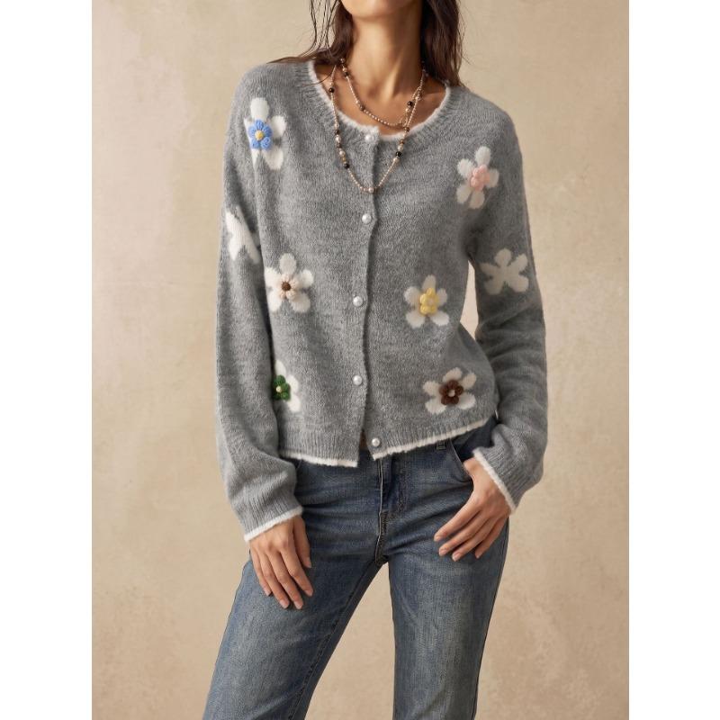 Damen Rundhals 3D Blumen Strick Langarm Lockerer Cardigan Pullover