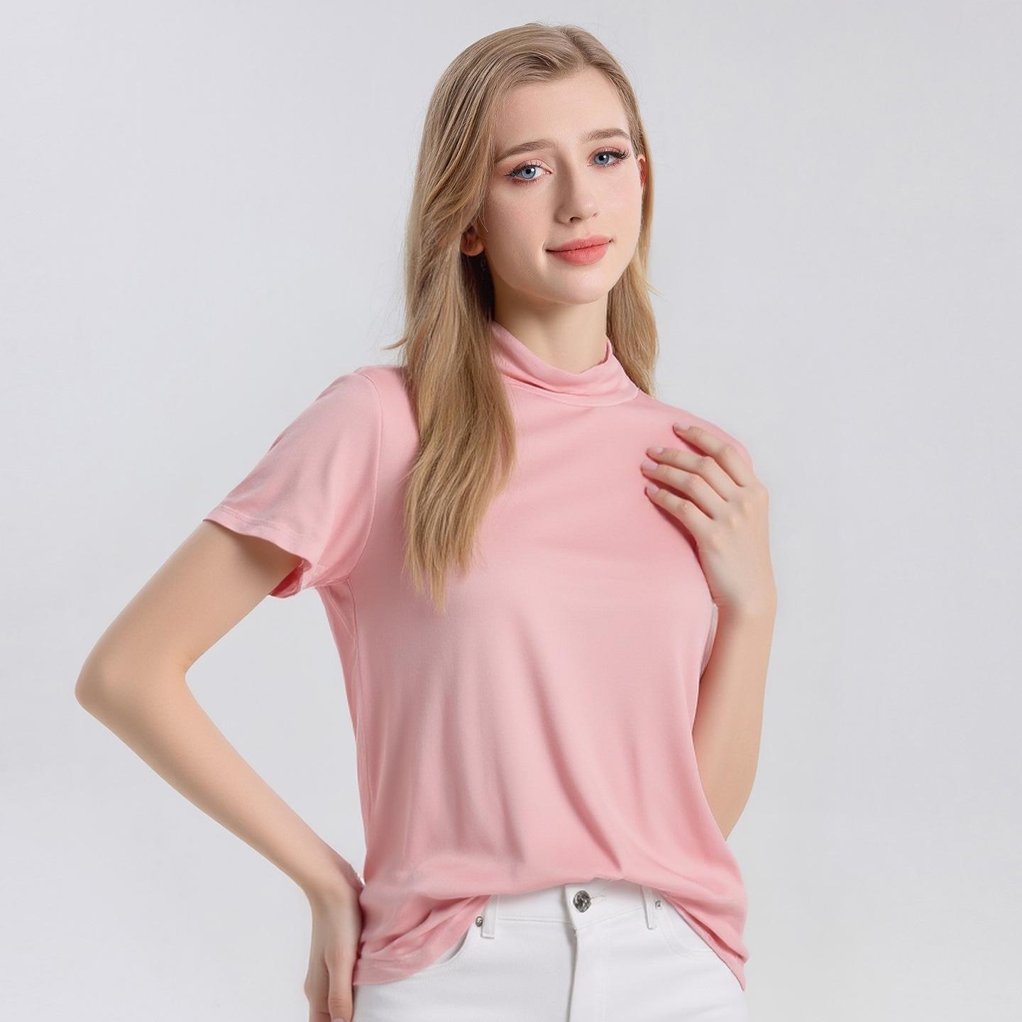 Spring/Summer Women s Slim Mulberry Silk Short-Sleeve Top - Half-High Collar, Solid Color XXXL