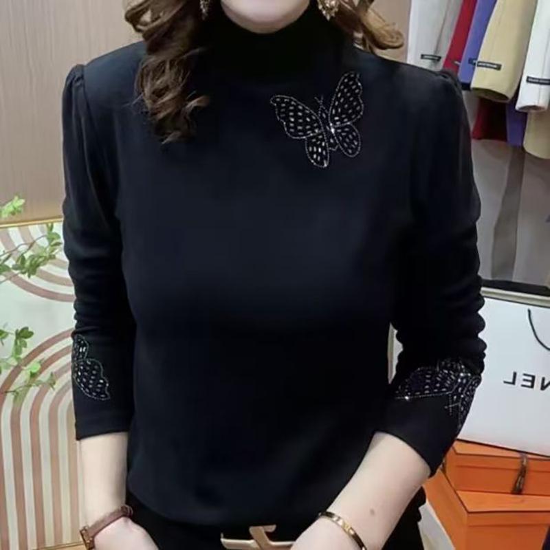 

Autumn/Winter Rhinestone High Neck Base Layer T-shirt M чёрный