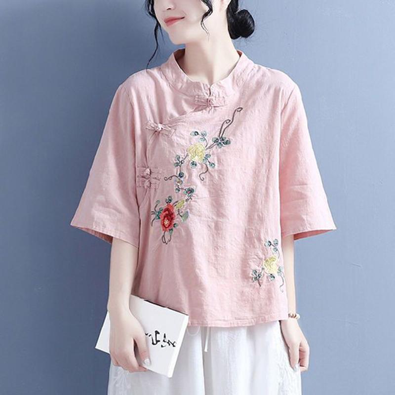 Damen Frühling Sommer Locker Dünner Abschnitt Baumwolle Leinen Ethnischer Stil Stehkragen Stickerei Vintage Teller Schnalle Überkopf Mittellang Ärmel Hemd