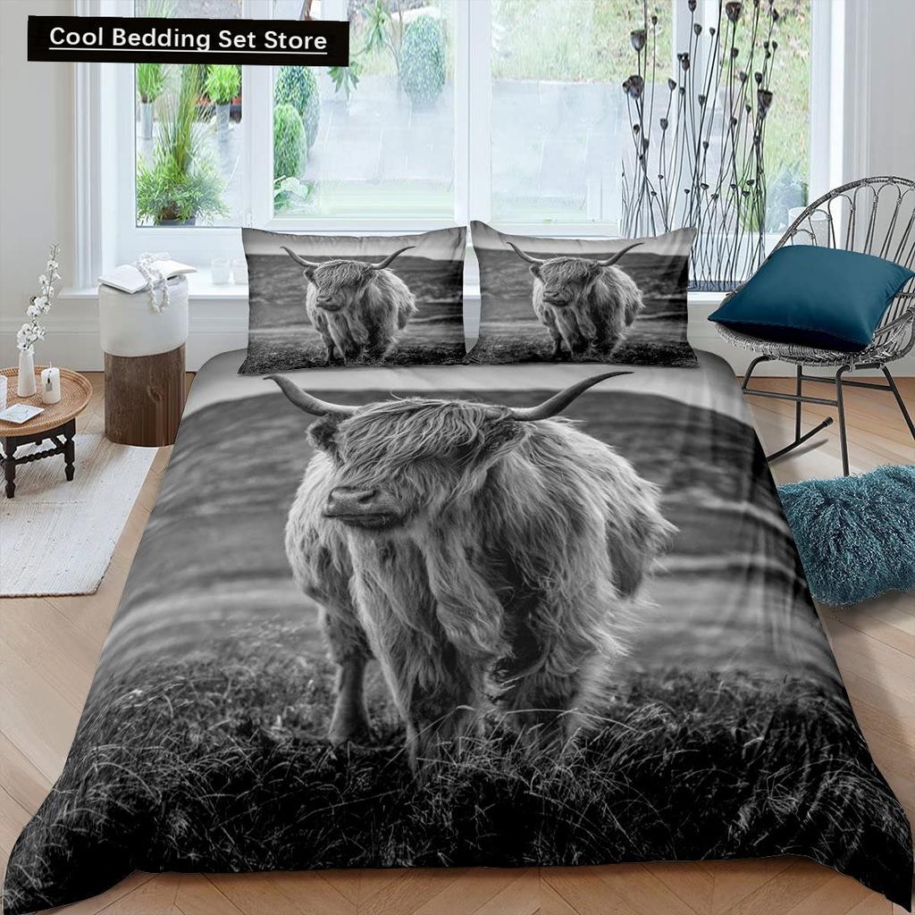 Highland Cow King Queen Duvet Cover Bull Bedding Set for Adults Cattle 2/3pcs Quilt Cover Farm Animal Polyester Comforter Cover