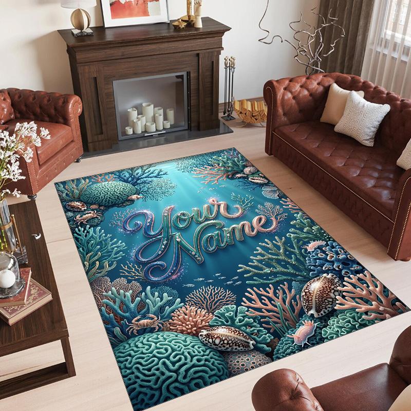 Mermaid Underwater Theme Crystal Velvet Rug Personalized Custom Name Text Soft Floor Mat Home Decor