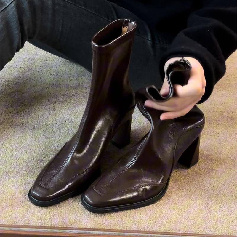 Vintage High Heel Women Ankle Boots Fashion Square Toe Short Booties Autumn Winter Ladies Shoes Botas Mujer