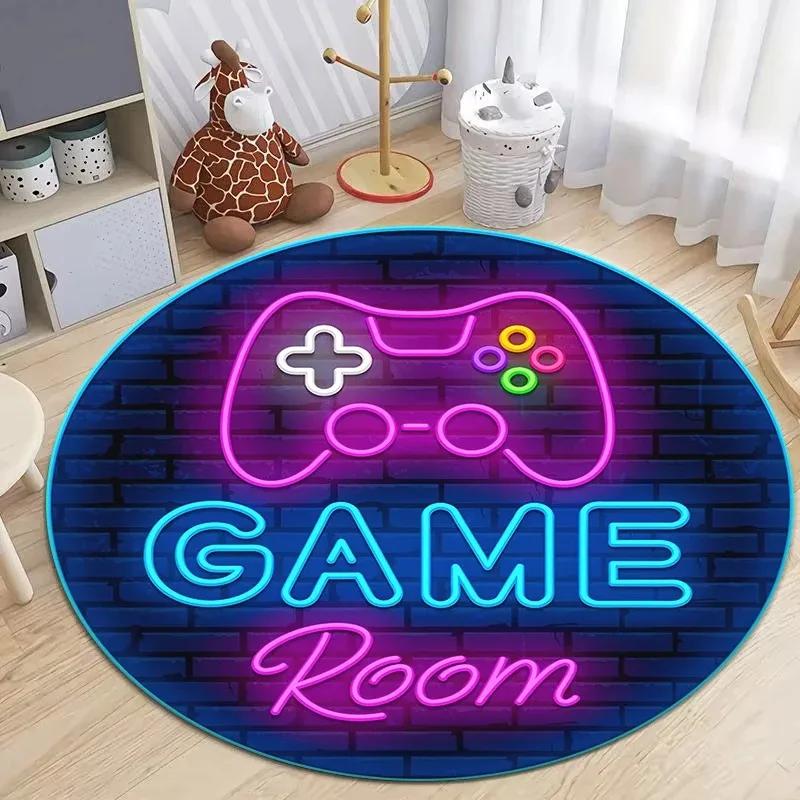 Game Controller Round Area Rug Cartoon Gamer Carpet Rug for Living Room Children's Bedroom Sofa Decor Non-slip Floor Mat