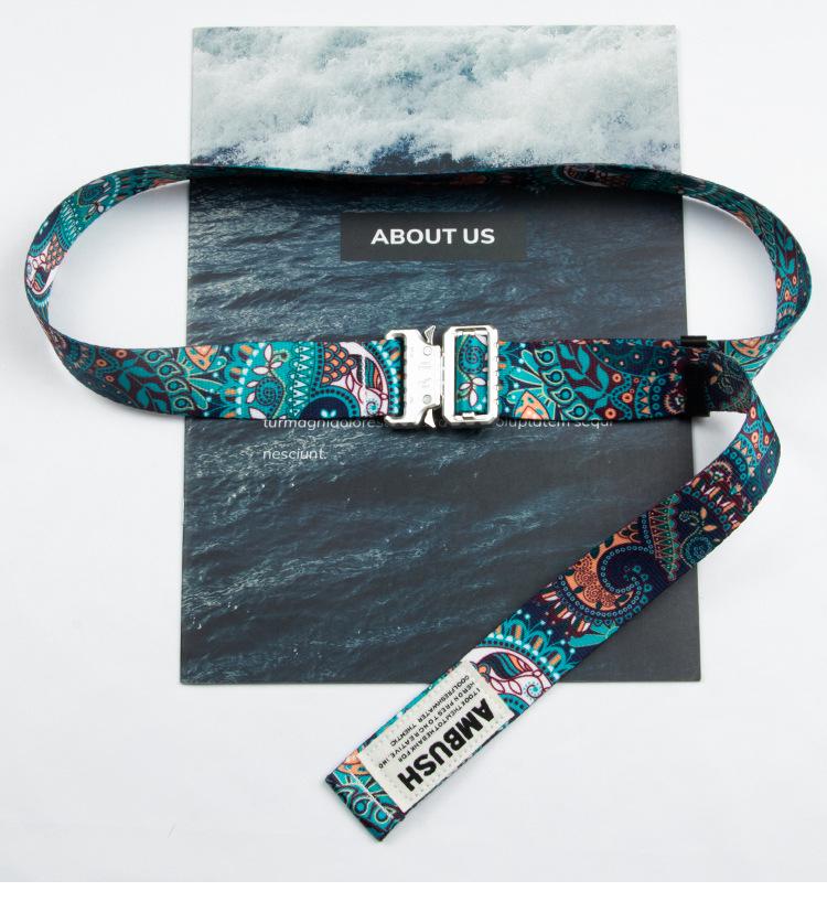 3.2cm Cobra Buckle Canvas Belt with Cashew Flower Print and Letter Design 130 cm