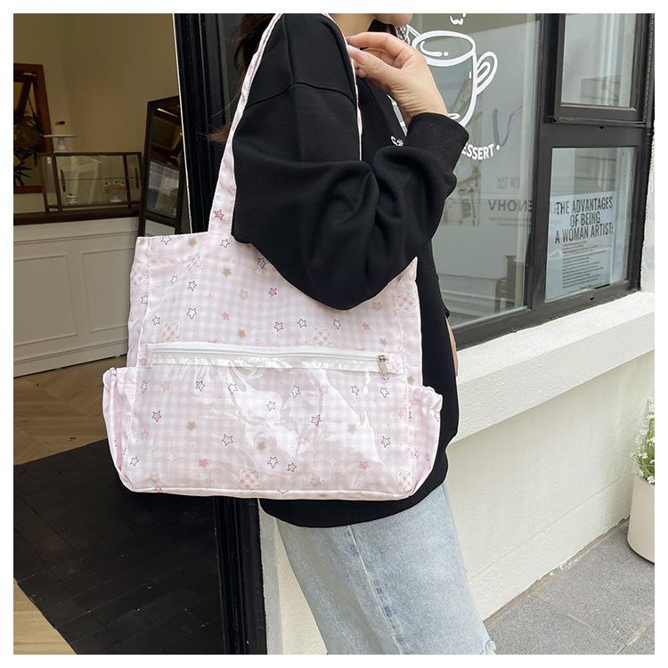 Japanese Style Polyester Shoulder Bag, Mint Green Star Print Tote with Zipper, Spacious Commute Bag for Women CLE
