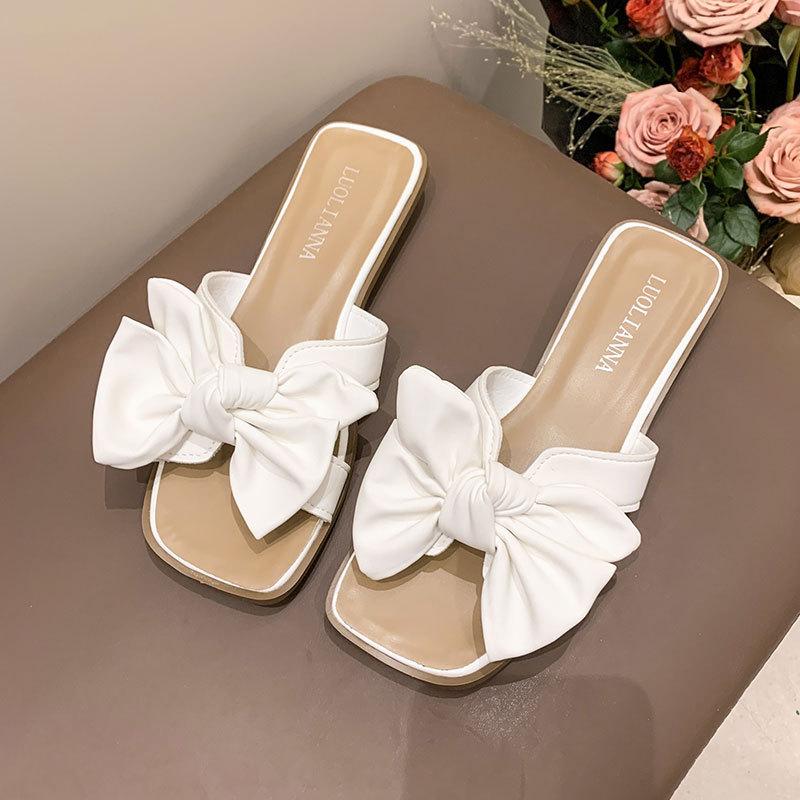

One-word sandals seaside vacation beach shoes women s summer wear 2025 new skirt fairy style bow slippers 35 бежевий
