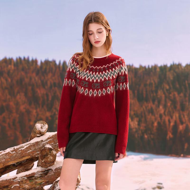 Sancai Women's 2025 Winter Fair Isle Round Neck Loose Knit Sweater