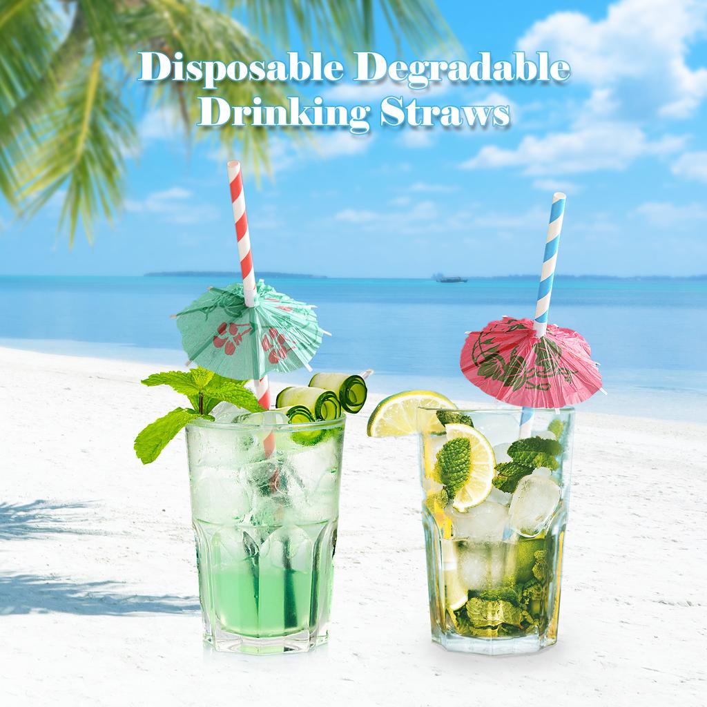 50PCS Umbrella Parasol Drinking Straws Disposable Degradable Tropical Drinking Straws Coloful
