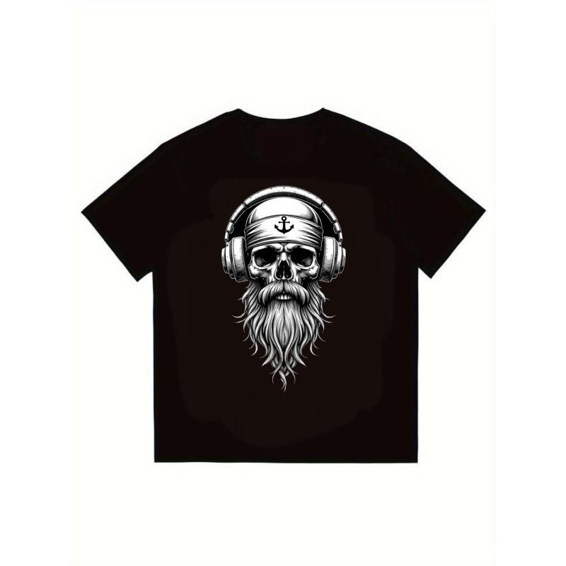 

Black T Shirt Men Skull With Beard And Headphones Pirate Anchor Design Casual Streetwear Hip Hop Fashion Summer Wear XXXXL