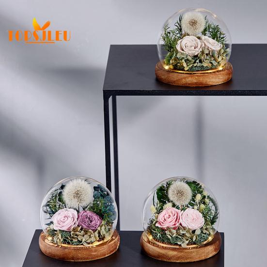 Capac din sticlă cu flori de păpădie veșnică, bază din lemn, cupolă din sticlă infinită păstrată de păpădie, soție iubita soție cadou de Ziua Îndrăgostiților