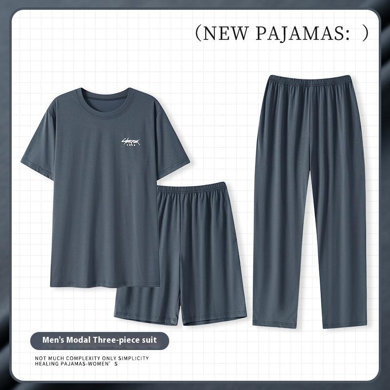 Sommer Herren Dreiteiliger Pyjama Homewear Modal Homewear Herren Pyjama Kurzarm Lange Hose Anzug Lässige Homewear