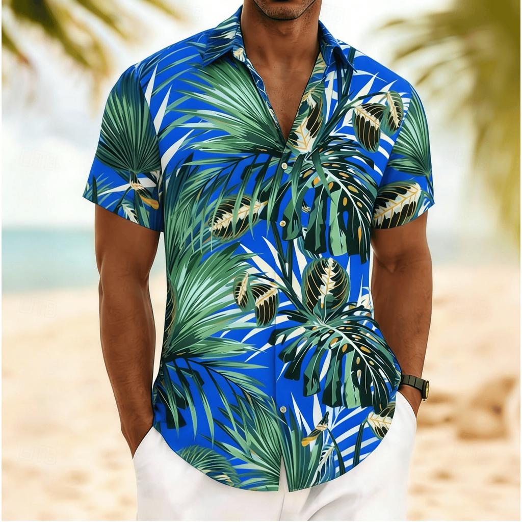 Men's Tropical Monstera & Palm Leaf Print Short Sleeve Shirt, Spring Summer Vintage Hawaiian Vacation