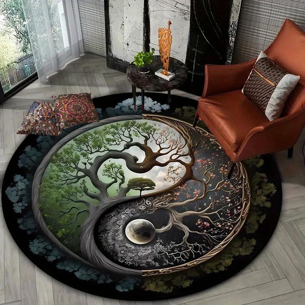 Yin Yang Round Rug Non-Slip Machine Washable Rug with Sakura Goldfish Dragon Lion Cat Tree Design for Living Room Bedroom