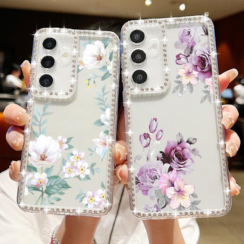 Husă Transparentă cu Cadru Diamant pentru Samsung S25 Edge S24 FE S23 Ultra S22 A56 A36 A16 A15 A55 A35 Model Floral Silicon Moale Antișoc Husă Bumper