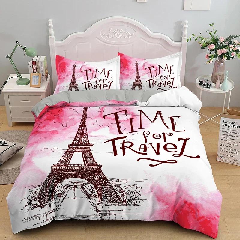 Comforter Romantic Eiffel Tower Microfiber Floral Bedding Set Paris Cityscape Twin Comforter For Girls Teen Adult Room