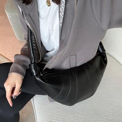 High-end Niche First-layer Lambskin Diagonal Cross Lazy Style Croissant Bag, Genuine Leather Single Shoulder Crossbody Dumpling Bag