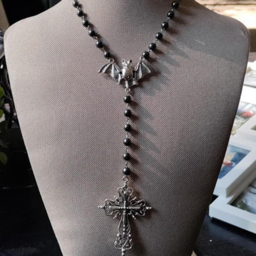 Punk Rock Sliver Color Bat Hollowed-out Pattern Cross Pendant Black Bead Chain Necklace for Women Men Hallowmas Y2K Jewelry Gift