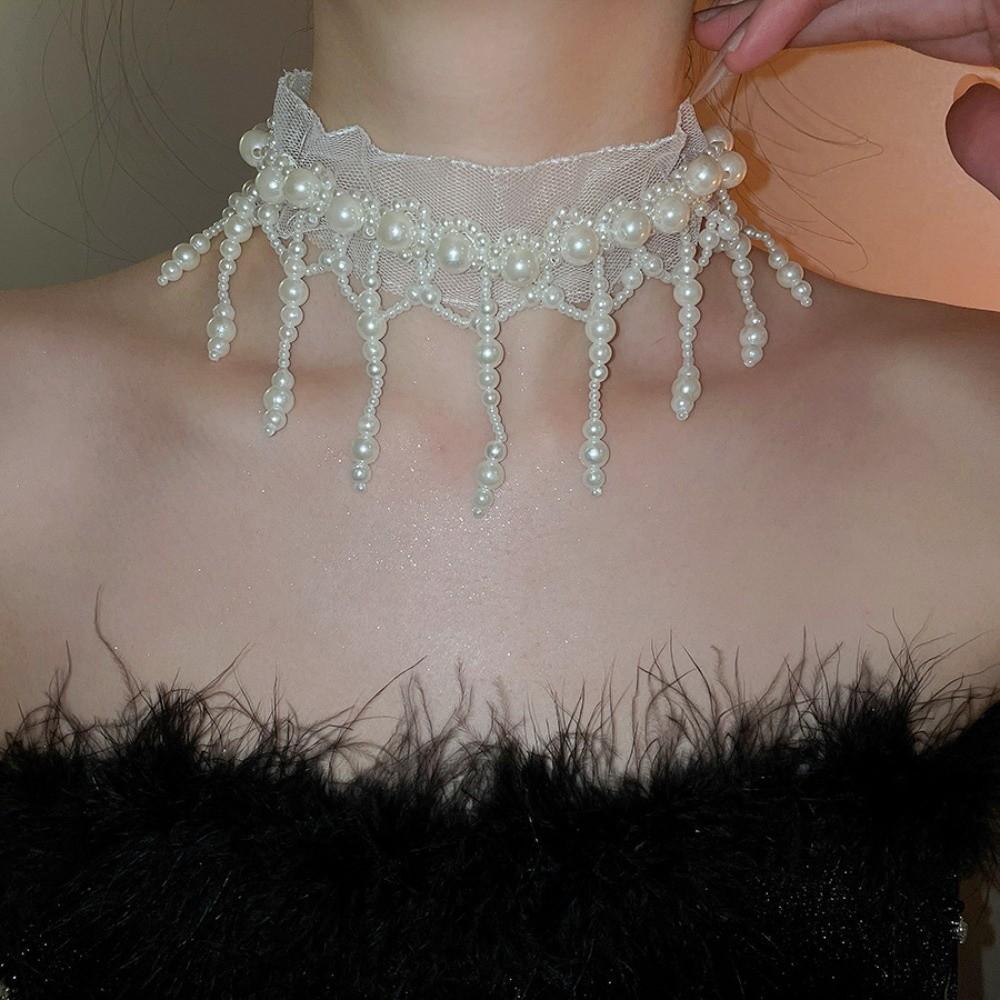 Creative Pearl Lace Choker Zinc Zinc Alloy Mesh Neck Jewelry Neck Pendant Tassel Beads Necklace Women
