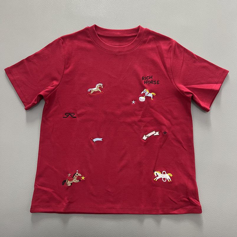 Brushed Red Pony Embroidery Women's Short Sleeve Round Neck Casual Spring T-shirt