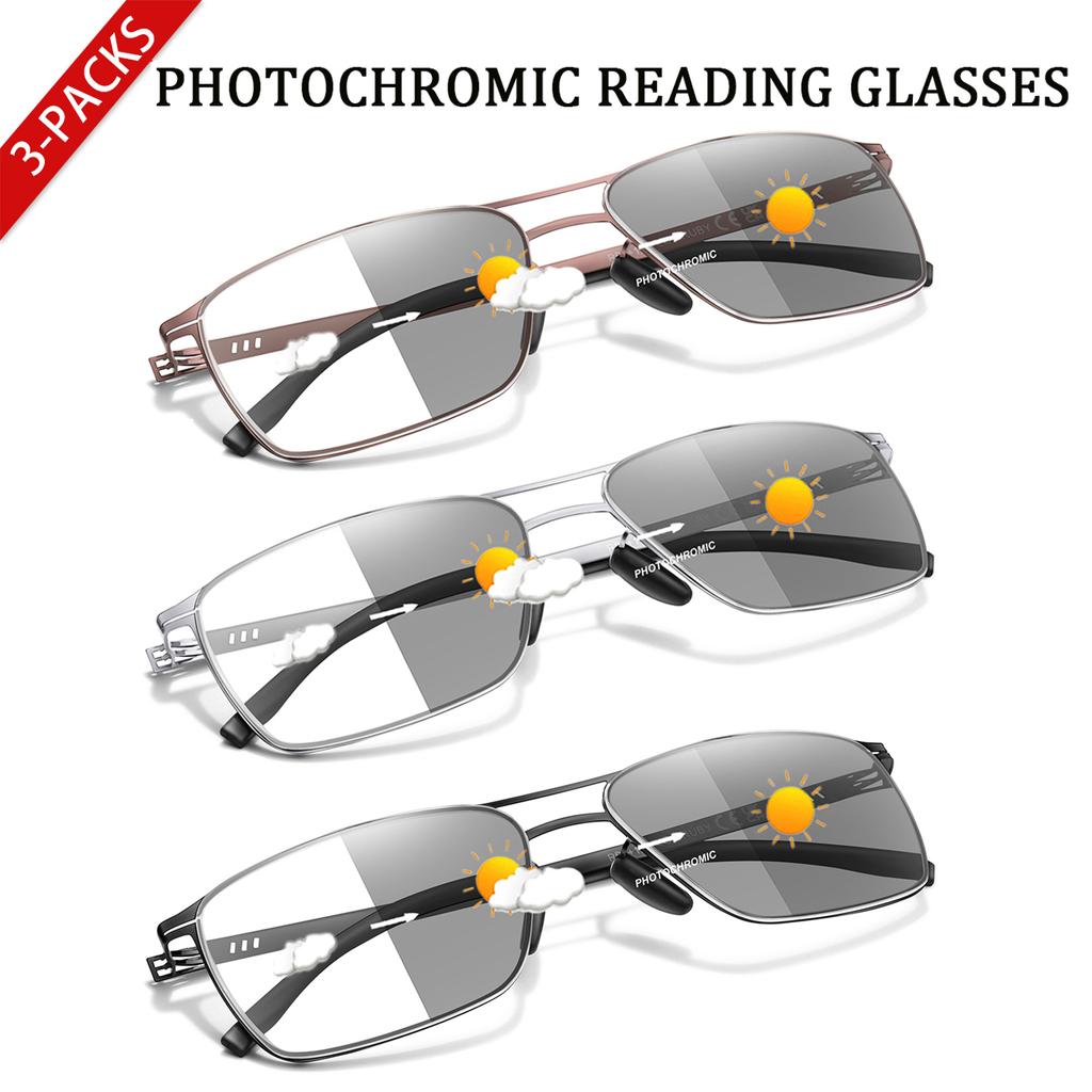 1/3 Pairs Photochromic Anti Blue Light Reading Glasses Metal Frame Rectangular Presbyopic Eyewear for Grandparents