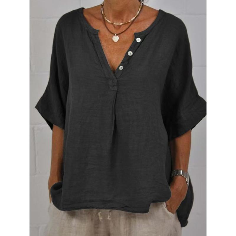Spring New Women's Casual Mid Sleeved Cotton Linen Solid Color Shirt