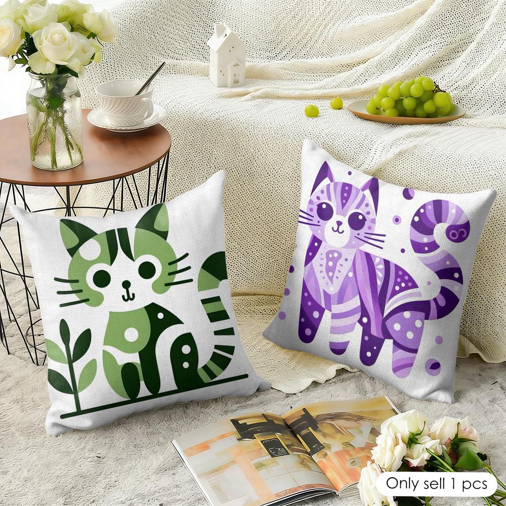 Modern Art Cat Pattern Cushion Cover Natural Linen Organic Fabric DoubleSided Printing Sofa Home Decor Gift Pillow Case