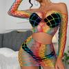 Fashion Rainbow-colored Stripes Bodysuit Woman Sexy Lingerie Sheer Curve-Hugging Dress Colorful Fishnet Bodystocking Sexy Set