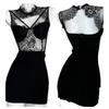 2025 New Sheer Bodycon Skirt Black Sexy Lace-Trimmed Mesh Nightdress Strappy Padded Home Sleep Dress