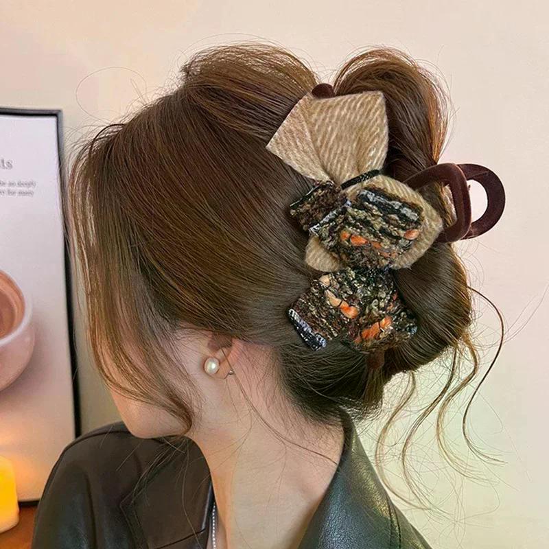 Retro Autumn And Winter Wool-blend Color-block Double Bow Hair Clip For Women Girls Large Shark Clip Hair Accessories
