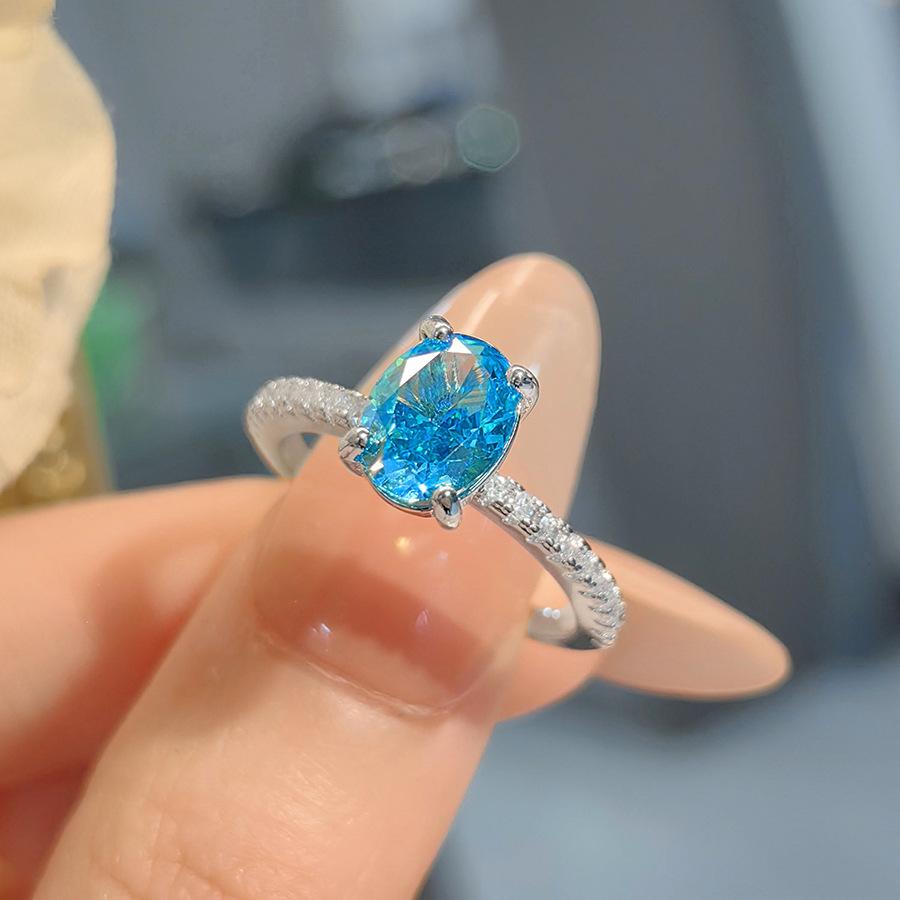 Fashion Light Luxury Pigeon Egg Ice Flower Cut Ice Sea Blue Ring Simple Paparacha High Carbon Diamond Apple Green Ring Women