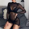 Women's Sheer Mesh See-Through Long Sleeve Crop Tops Casual Clubwear  Dress