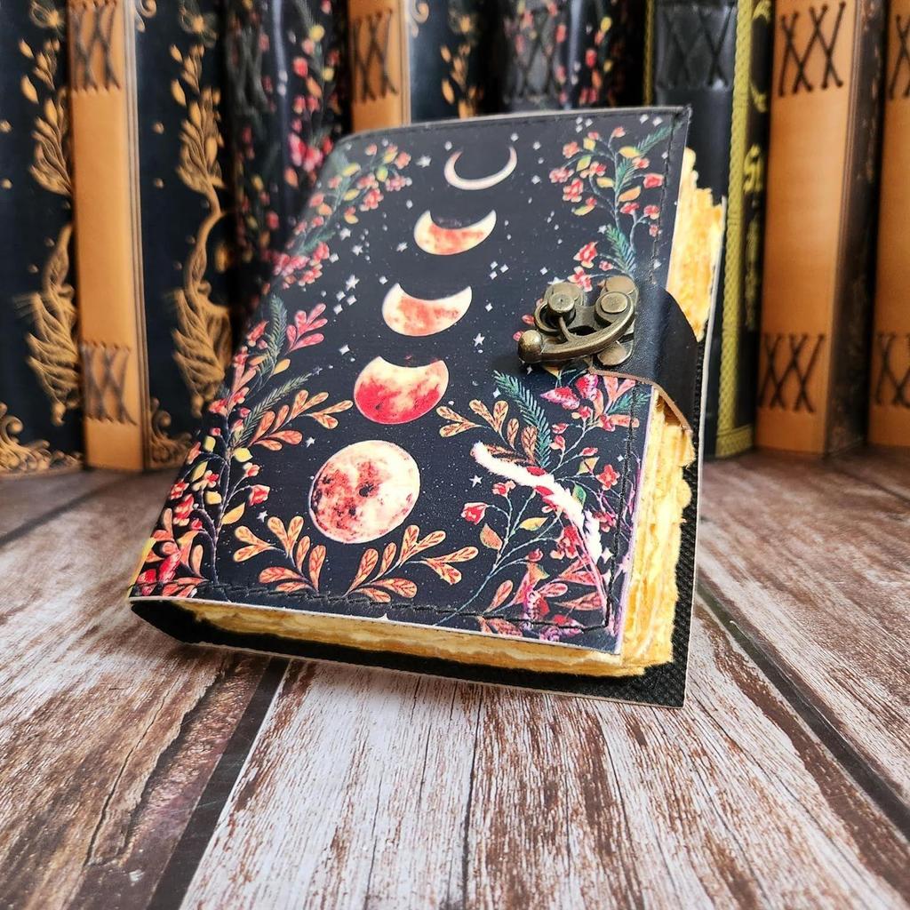Vintage Flower Moon Eclipse Leather Dairy Notebook Sketchbook Leather Journal 200 Deckle Edge Pages