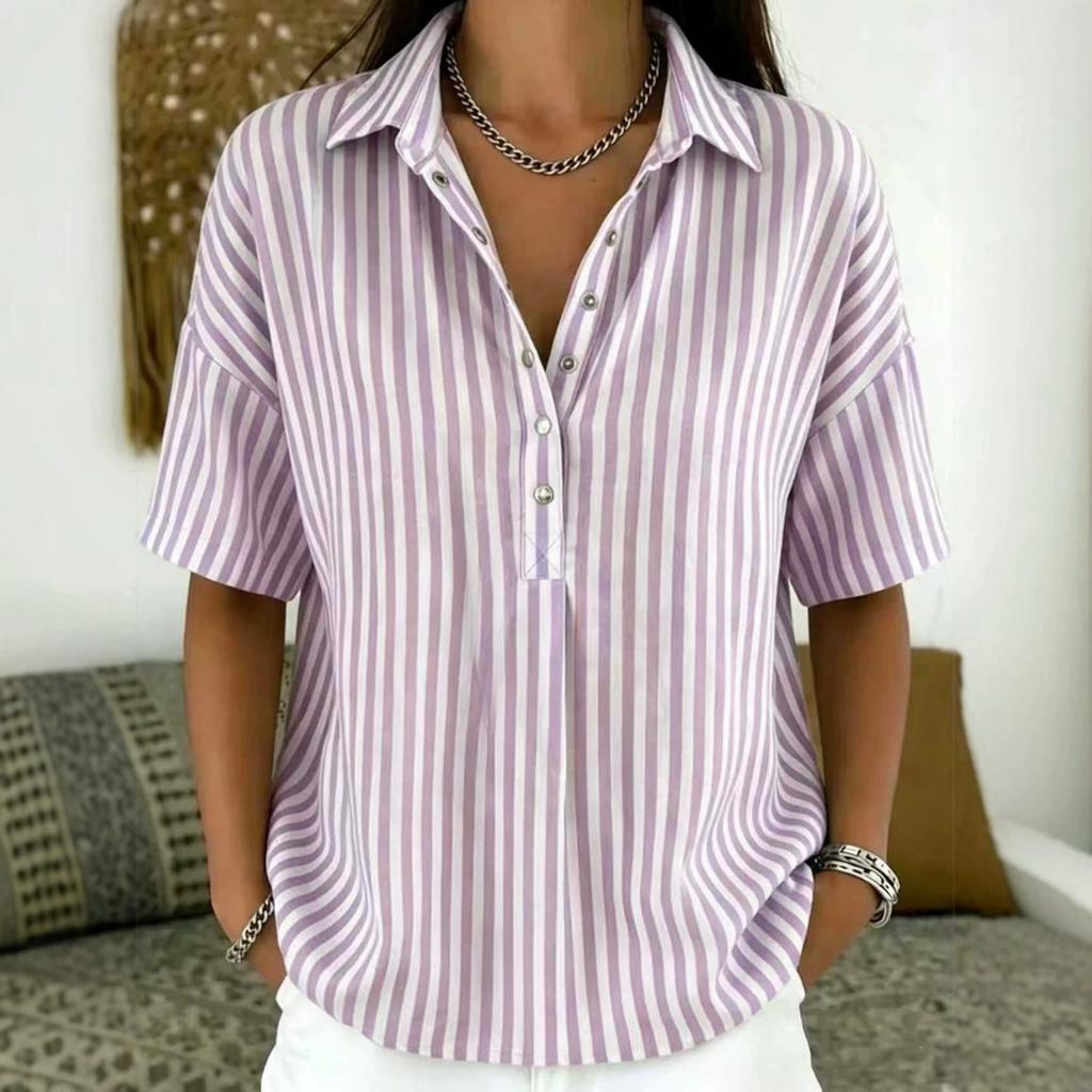 Women's Collared Short Sleeve Striped Blouse Loose Fit Casual Half Button Tunic Top