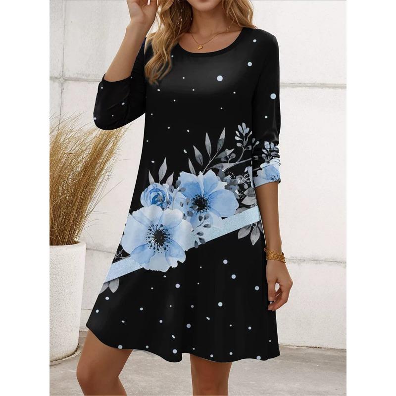 Street Long Sleeve Floral Pattern Women Mini Dresses All Season 3D Flower Printed Elegant Ladies Dress