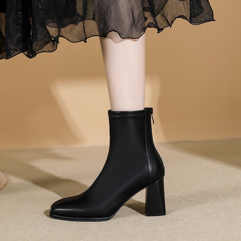 

Boots leather, popular short boots winter thick heel small ankle boots black thin boots 34