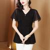 Women's New Summer Short-sleeved Black V-neck Fashion Versatile Mom Style Top