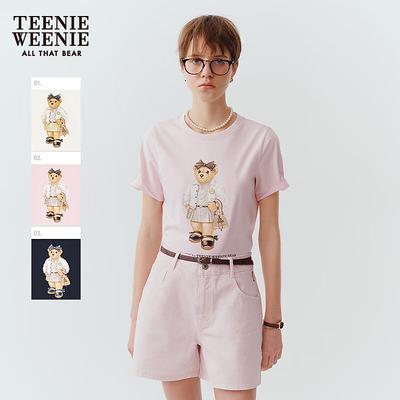 Women's Bear Print Round Neck Short Sleeve T-shirt
