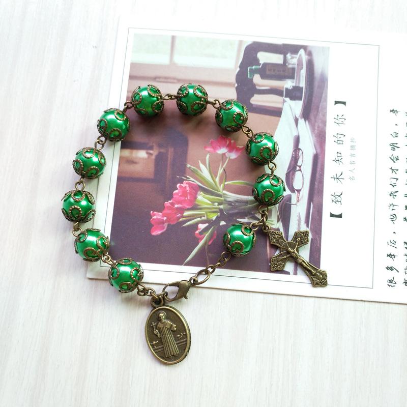 QIGO Catholic Jewelry Black Glass Beads Cross Bracelet With Cups Religious Jewelry For Men Women