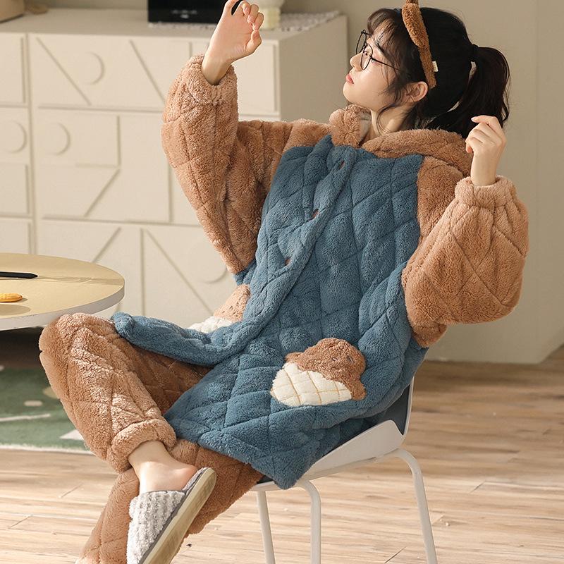 Coral Velvet Quilted Pajamas Women's Winter Three Layer Thick and Fleece Home Wear Women's Winter Flannel Thermal Set